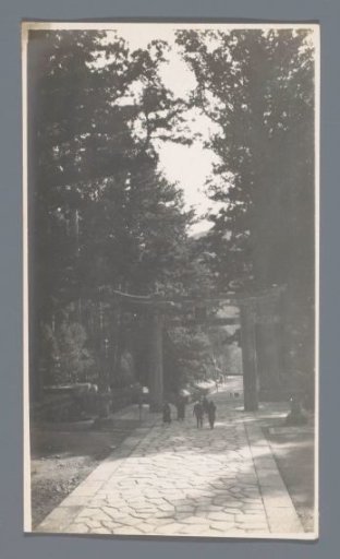 View of a street with a gate of a sanctuary (?), Nikko, Japan