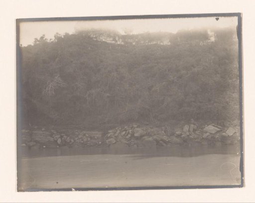 View of a densely vegetated bank with statues of a shrine at the top of the hill, South-East Asia
