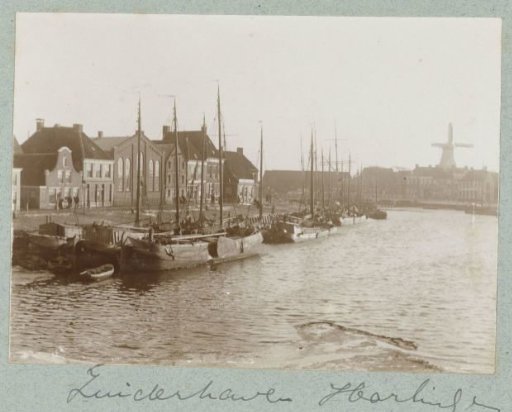 Harbour view with flat-bottomed boats and a windmill