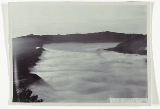 Left part of a panoramic photograph with Mount Bromo and surroundings, Java, former Dutch East Indies