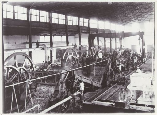 Processing of sugarcane in the factory of the sugar enterprise Nieuw Tersana, Cheribon, former Dutch East Indies