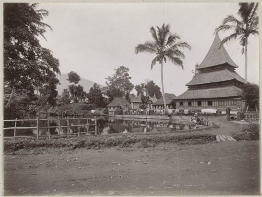Pond and Minangkabau houses near Bukittinggi