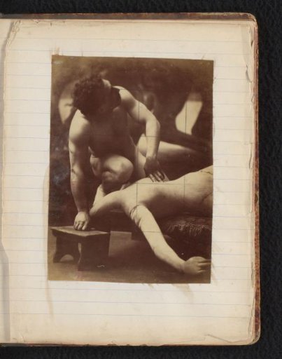 Study of a male nude model, wrestling with a dummy, in the studio of Jacques de Lalaing