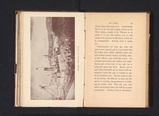 View of a quay with people in Saint Lucia, possibly women loading coal onto a ship