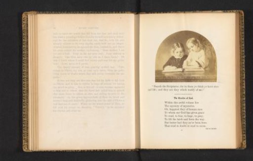 Photographic reproduction of a painting depicting two children with a book