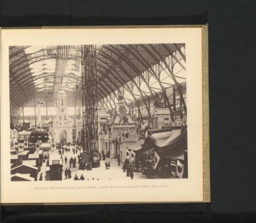 Interior with a lift of the Machinery and Fine Arts Building during the World's Columbian Exposition in Chicago in 1893