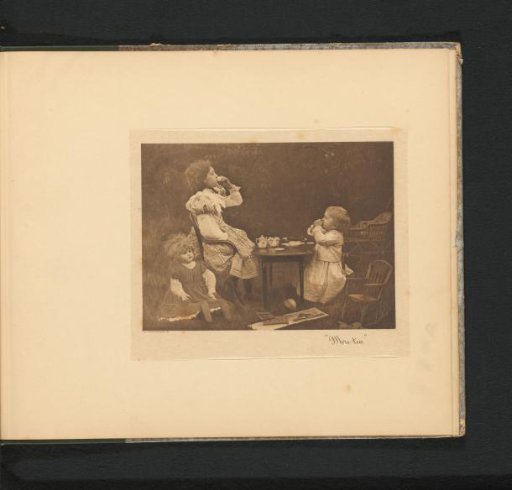 Two girls drinking tea from a toy tea set at a table in a garden, with a doll carriage, a doll and books around them