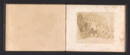 Photographic reproduction of a drawing, depicting Miles Standish and John Alden in an interior