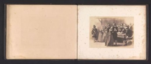 Photographic reproduction of a drawing depicting Miles Standish appearing at the wedding of John Alden and Priscilla Mullins