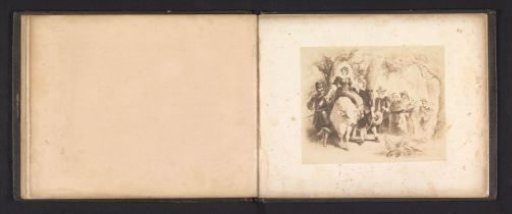 Photographic reproduction of a drawing depicting Priscilla Alden, seated on an ox, leading a bridal procession