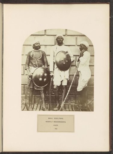 Three Men with Shields and Weapons in Hand from the Bhale Sultan Khanzada Community from Awadh, Uttar Pradesh, India