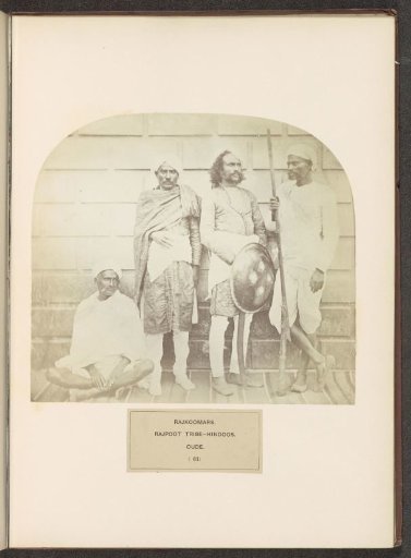 Portrait of four unknown men with a shield and weapons from the Rajkumar Rajput community of Awadh, Uttar Pradesh, India