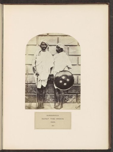 Portrait of two unknown men with a shield and sabers from the Gargbansi Rajput community of Awadh, Uttar Pradesh, India