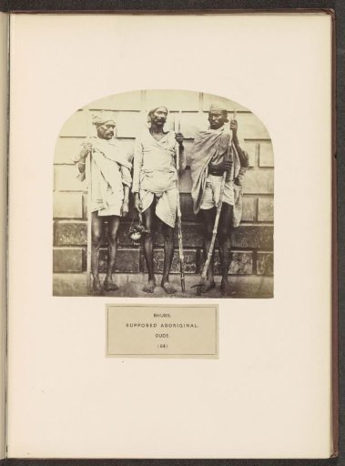 Portrait of three unknown men with sticks from the Bhurtiya community of Awadh, Uttar Pradesh, India