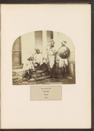 Four men with weapons and a shield from the Rajput community in Delhi, India