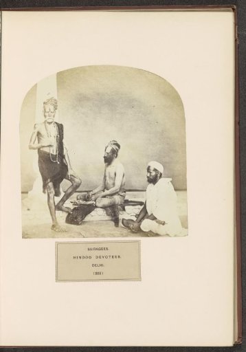 Portrait of three mendicants in ceremonial clothes from the Bairagi community in Delhi, India