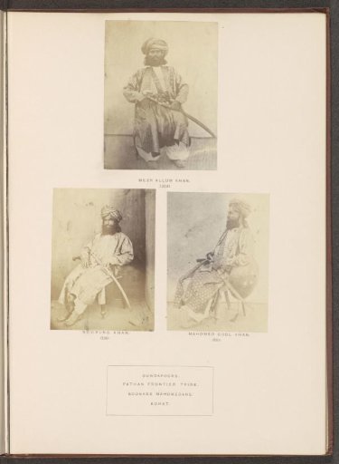 Portraits of Meer Allum Khan, Nowrung Khan and Mahomed Gool Khan, three chiefs from the Gandapur tribe of Kohat, Khyber Pakhtunkhwa, Pakistan