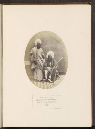 Portrait of Khair Mahomed, a chief of the Burdi Baloch tribe, and an attendant in Sindh, Pakistan