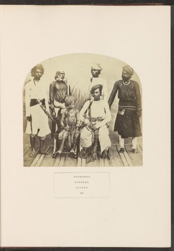 Portrait of Rajah Krishna, a young chieftain, with a family member and four servants, Sagar, Madhya Pradesh, India