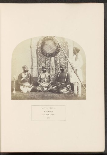 Portrait of three noblemen or aristocrats from the Jat community with a servant, Rajasthan, India
