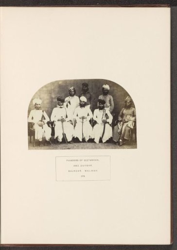 Portrait of five officers and three servants in the court of Sitamau, Malwa, Madhya Pradesh, India