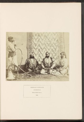 Portrait of three noblemen or aristocrats from the Gujjar community with a servant, Rajasthan, India