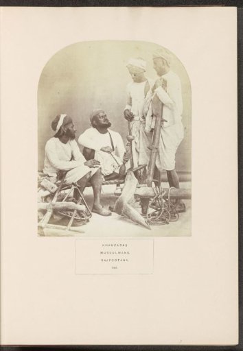 Portrait of four unknown men from the Khanzada Rajput community with agricultural attributes, Rajasthan, India