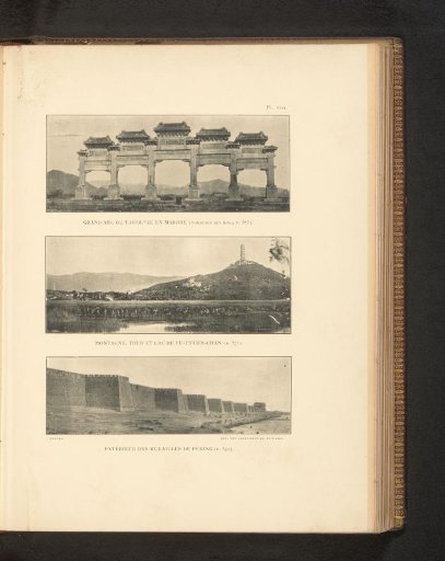 View of the triumphal arch at the Ming tombs, View of a tower on a mountain by water and View of the city wall of Peking