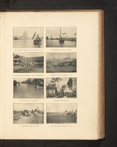 Two views of a boat in the water, Horse and carriage in front of a city wall, View of a bridge, Unknown man on horseback in the water after a flood, Two unknown men in front of the French legation, An accident with a horse-drawn cart and View of spectators at a race