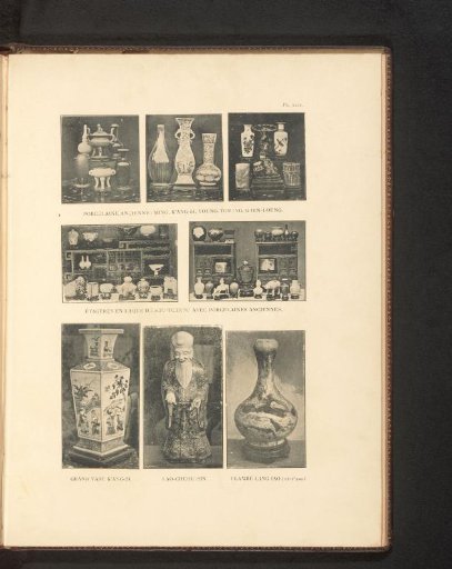 Three views of various vases, Two views of antique porcelain in front of and on lacquer cabinets, Kangxi vase, Sculpture and Vase