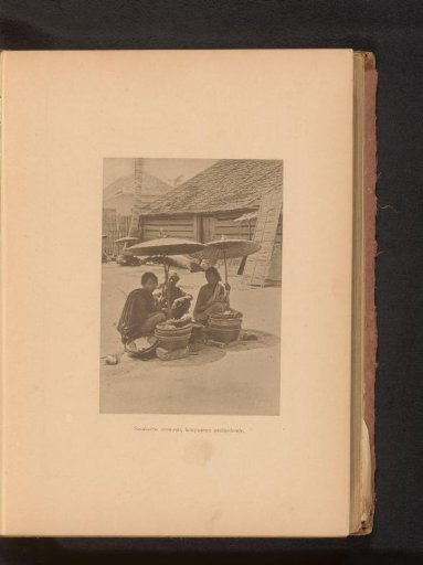 Three unknown women with baskets under parasols