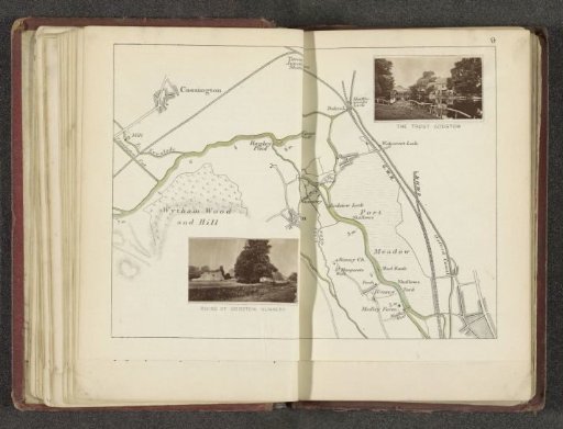 Map with two views of the ruins of the monastery and a trout pond at Godstow