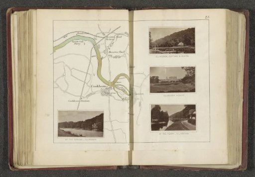 Map with four views of places along the Thames on the Cliveden estate