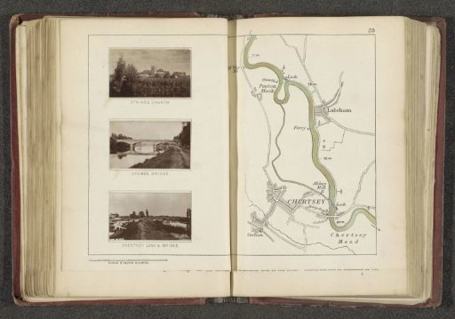Map with Three Views of Places Along the Thames Near Staines and Chertsey