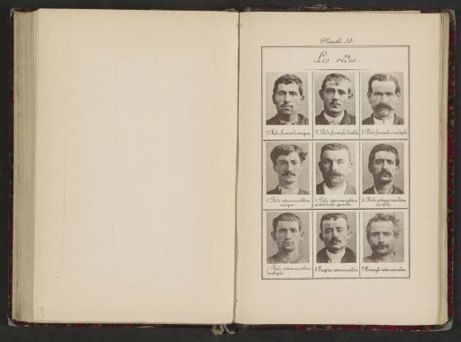 Nine male heads in frontal view, arranged according to their forehead wrinkles