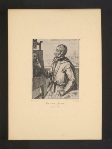 Reproduction of an engraving of a portrait of Anthonis Mor by Hendrick Hondius