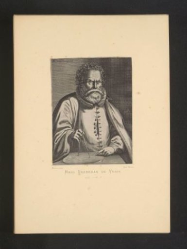 Reproduction of an engraving of a portrait of Hans Vredeman de Vries by Hendrick Hondius