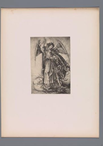 Reproduction of a print of Saint Michael and the Dragon by Martin Schongauer
