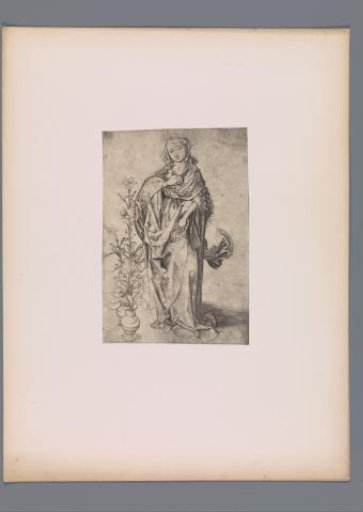 Reproduction of a print of the Virgin Mary by Martin Schongauer