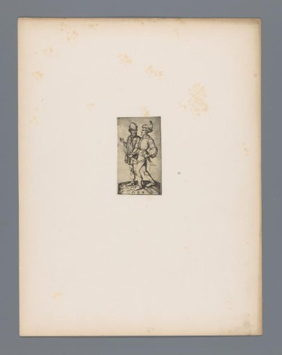 Reproduction of a print of two men walking together by Martin Schongauer