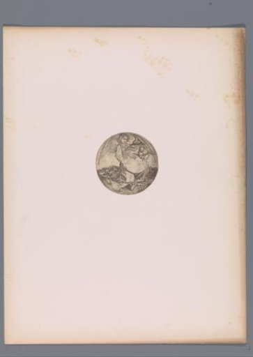 Reproduction of a print of a shield with a lion, held by an angel, by Martin Schongauer