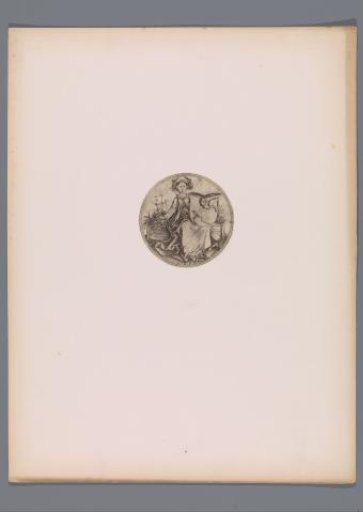 Reproduction of a print of a shield with a unicorn, held by a woman, by Martin Schongauer