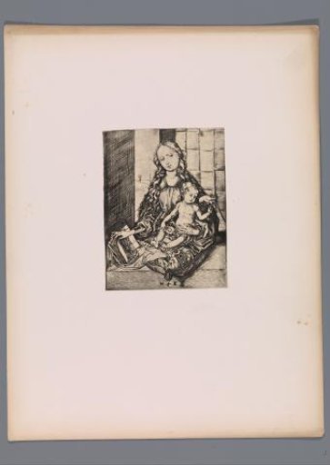 Reproduction of a print of Mary with the Christ Child and a book by Martin Schongauer