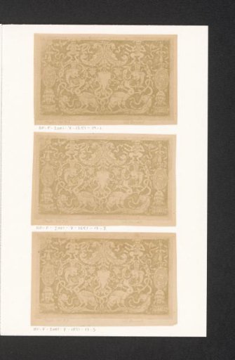 Photographic reproduction of a print of grotesque ornaments and two trophies