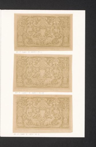 Photographic reproduction of a print of grotesque ornaments and two trophies