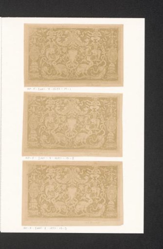 Photographic reproduction of a print of grotesque ornaments and two trophies