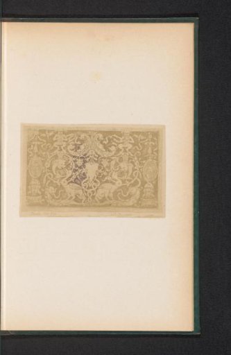 Photographic reproduction of a print of grotesque ornaments and two trophies
