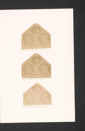 Photographic reproduction of three drawings, depicting two faces and a skull