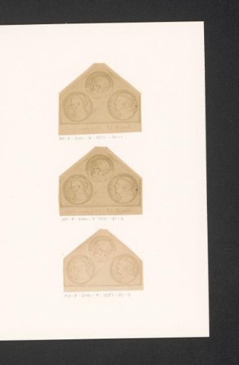 Photographic reproduction of three drawings, depicting two faces and a skull