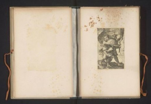Reproduction of a print of two boys with a helmet and a banner by Lucas van Leyden